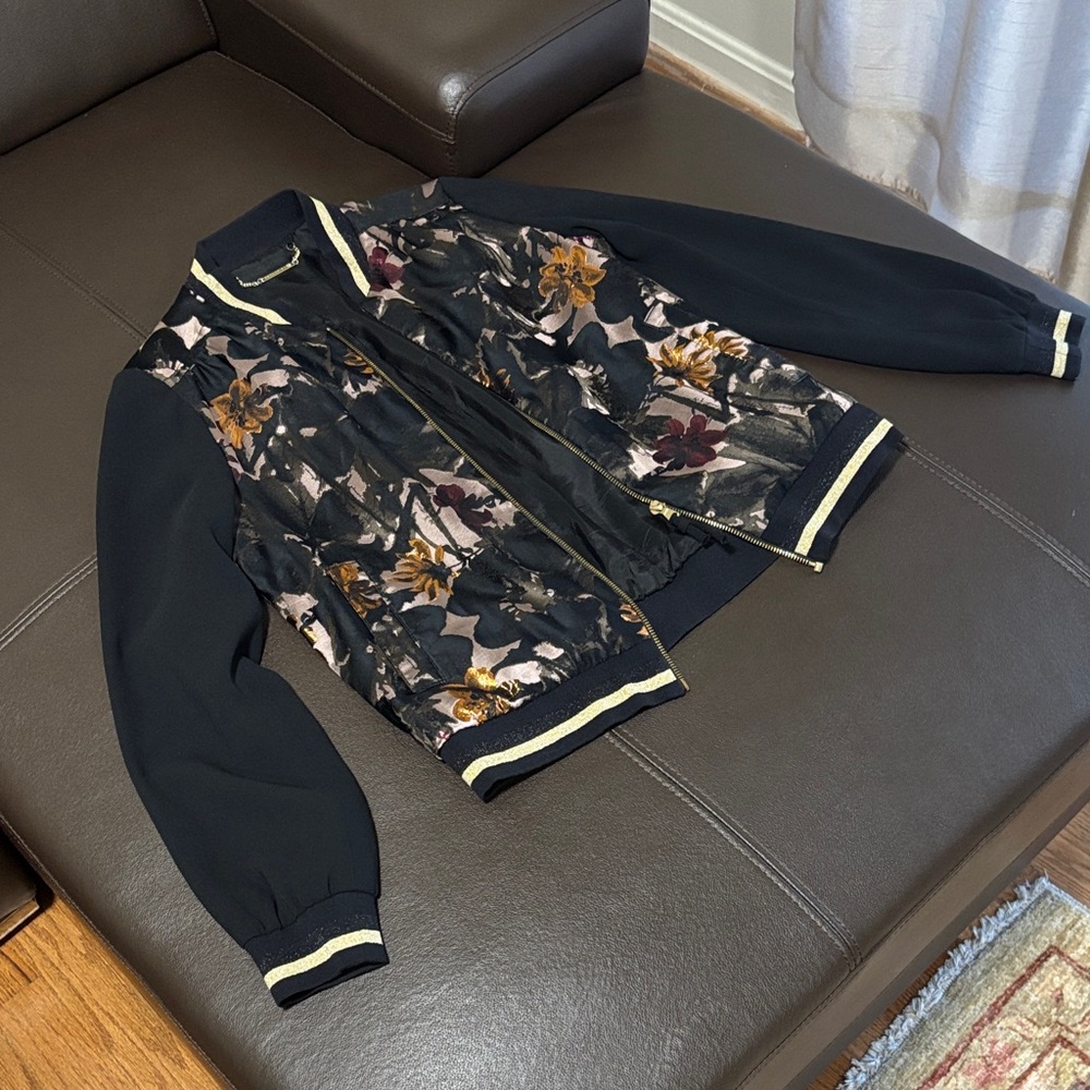Trina Turk Floral Bomber Jacket - Black and Gold